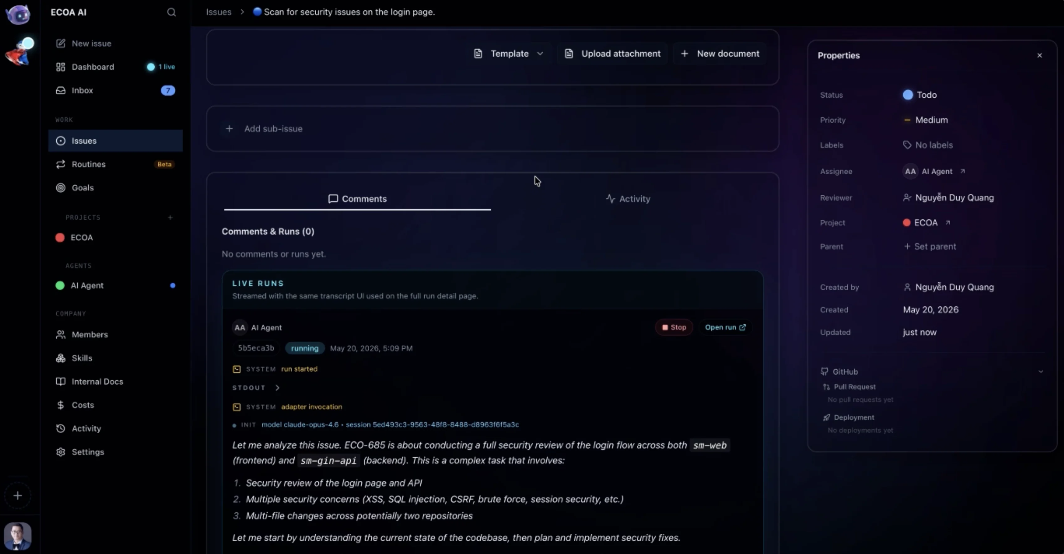 Client-created issue being executed by ECOA AI Agent